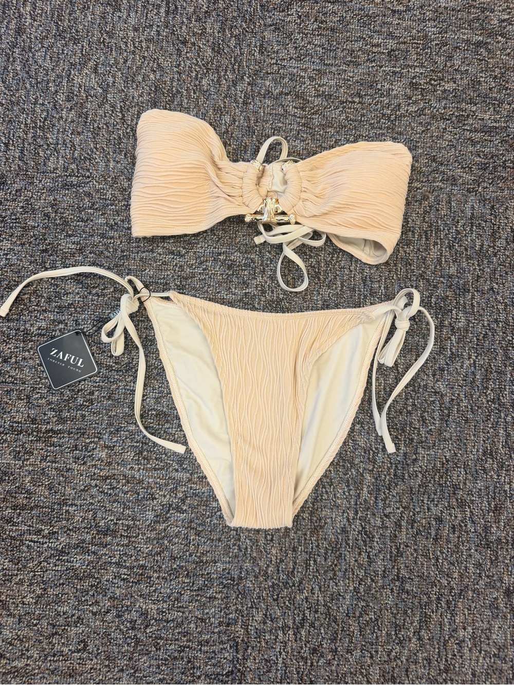Zaful Cream Textured Bandeau Bikini Set with Tie Details New Size Large